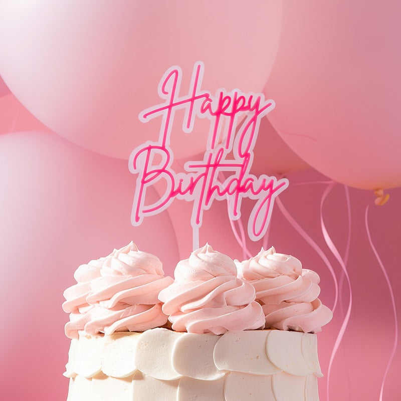 Hot Pink Layered Happy Birthday Cake Topper