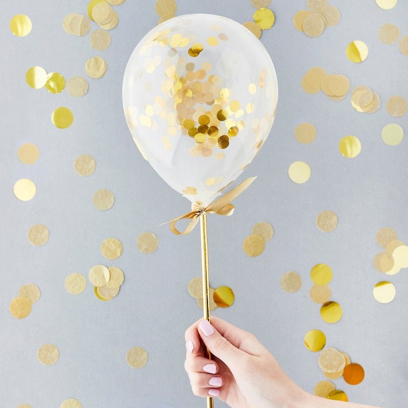Gold Mini Confetti Balloon Wands (5 pack)