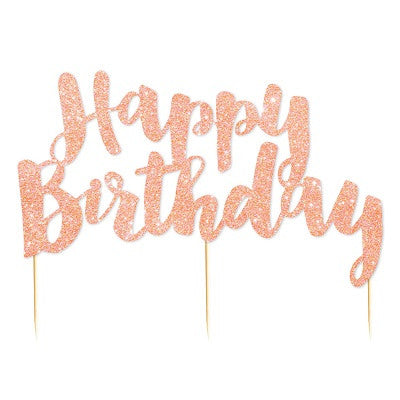 Happy Birthday Rose Gold Glitter Cake Topper