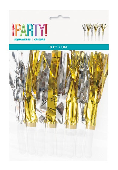 Gold & Silver Fringed Party Horns (8 pack)