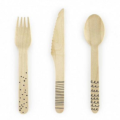 Black Print Wooden Cutlery Set (6 sets)