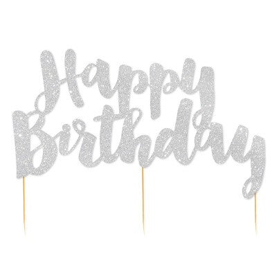 Happy Birthday Silver Glitter Cake Topper