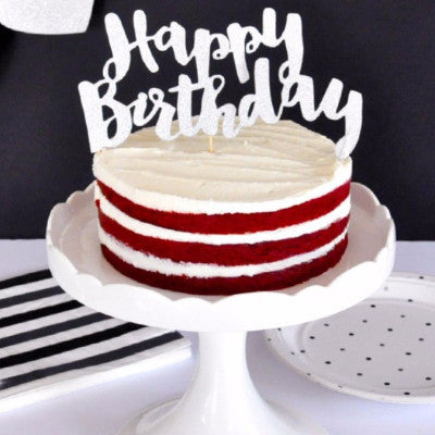 Happy Birthday Silver Glitter Cake Topper